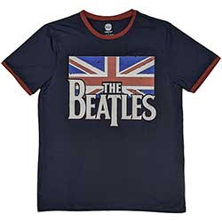 The Beatles Unisex Ringer T-Shirt: Drop T Logo & Vintage Flag