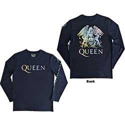 Queen Unisex Long Sleeve T-Shirt: Rainbow Crest (Back & Sleeve Print)